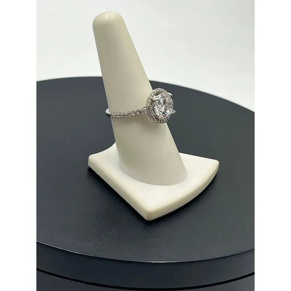 IBB 925‎ Silver Sparkling Cubic Zirconia Halo Solitaire Accent Ring Sz 7.5